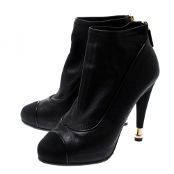Chanel Black Leather And Fabric Cap Toe CC Ankle Boots Size 37.5