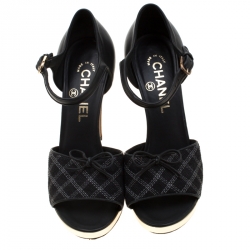 Chanel Black Leather And Canvas Bow Open Toe Platform Ankle Strap Sandals Size 37