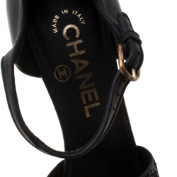 Chanel Black Leather And Canvas Bow Open Toe Platform Ankle Strap Sandals Size 37