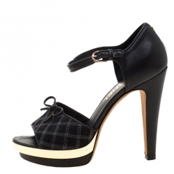 Chanel Black Leather And Canvas Bow Open Toe Platform Ankle Strap Sandals Size 37