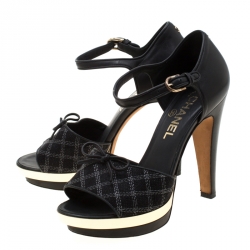 Chanel Black Leather And Canvas Bow Open Toe Platform Ankle Strap Sandals Size 37
