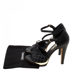Chanel Black Leather And Canvas Bow Open Toe Platform Ankle Strap Sandals Size 37