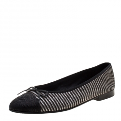 Pre Owned Chanel Metallic Grey/Black Leather CC Cap Toe Bow Ballet Flats Size 39.5