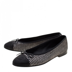 Pre Owned Chanel Metallic Grey/Black Leather CC Cap Toe Bow Ballet Flats Size 39.5