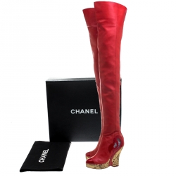 Chanel Red Leather Metallic Gold Brocade Wedge Thigh High Boots Size 39