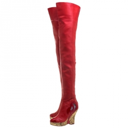Chanel Red Leather Metallic Gold Brocade Wedge Thigh High Boots Size 39