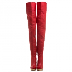 Chanel Red Leather Metallic Gold Brocade Wedge Thigh High Boots Size 39