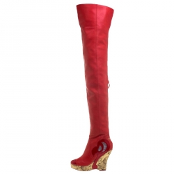 Chanel Red Leather Metallic Gold Brocade Wedge Thigh High Boots Size 39