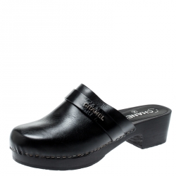 Chanel Black Leather Wooden Heel Platform Clogs Size 39.5 Chanel