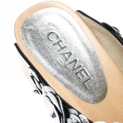 Pre Owned Chanel Metallic Silver Camellia Embellished CC Lock Wooden Clogs Size 38