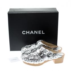 Pre Owned Chanel Metallic Silver Camellia Embellished CC Lock Wooden Clogs Size 38