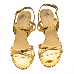 Chanel Metallic Gold Leather CC Open Toe Slingback Sandals Size 37