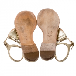 Pre Owned Chanel Metallic Gold Suede CC Camellia Leaf Pearl Ankle Strap Thong Flat Sandals Size 39