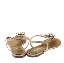 Pre Owned Chanel Metallic Gold Suede CC Camellia Leaf Pearl Ankle Strap Thong Flat Sandals Size 39
