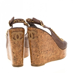 Chanel Brown Leather Chain Detail Cork Wedge Platform Sandals Size 38