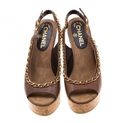 Chanel Brown Leather Chain Detail Cork Wedge Platform Sandals Size 38