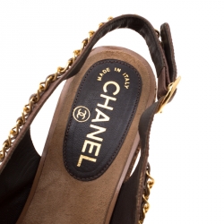 Chanel Brown Leather Chain Detail Cork Wedge Platform Sandals Size 38