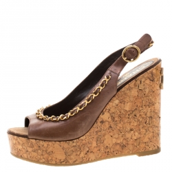 Chanel Brown Leather Chain Detail Cork Wedge Platform Sandals Size 38