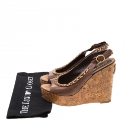 Chanel Brown Leather Chain Detail Cork Wedge Platform Sandals Size 38