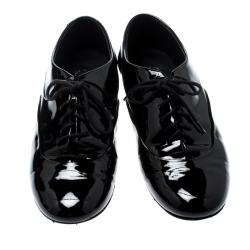 Pre Owned Chanel Black Patent Leather Pearl Embellished Lace Up Oxford Size 37.5
