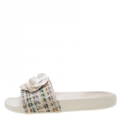Chanel White Camellia Tweed Slides Size 39