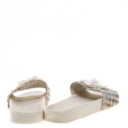 Chanel White Camellia Tweed Slides Size 39