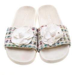 Chanel White Camellia Tweed Slides Size 39