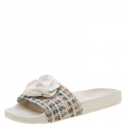 Chanel White Camellia Tweed Slides Size 39