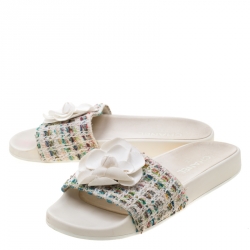 Chanel White Camellia Tweed Slides Size 39
