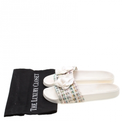 Chanel White Camellia Tweed Slides Size 39