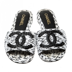 Chanel Monochrome Cotton Cord CC Flat Slides Size 36