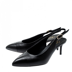 Chanel Black Leather CC Pointed Toe Slingback Sandals Size 36.5