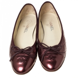 Pre Owned Chanel Metallic Brown Quilted Patent Leather CC Bow Cap Toe Ballet Flats Size 39.5