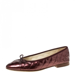 Pre Owned Chanel Metallic Brown Quilted Patent Leather CC Bow Cap Toe Ballet Flats Size 39.5