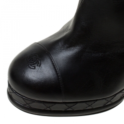 Chanel Black Leather CC Cap Toe Mid Calf Platform Boots Size 38.5
