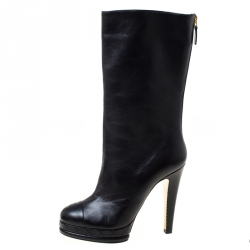 Chanel Black Leather CC Cap Toe Mid Calf Platform Boots Size 38.5