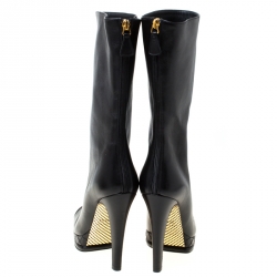 Chanel Black Leather CC Cap Toe Mid Calf Platform Boots Size 38.5