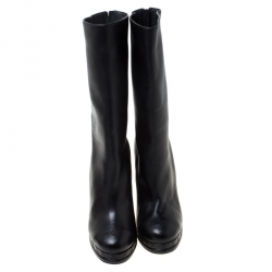 Chanel Black Leather CC Cap Toe Mid Calf Platform Boots Size 38.5
