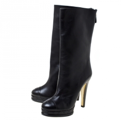 Chanel Black Leather CC Cap Toe Mid Calf Platform Boots Size 38.5