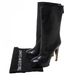 Chanel Black Leather CC Cap Toe Mid Calf Platform Boots Size 38.5
