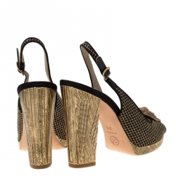 Chanel Metallic Gold/Black Satin Camellia Detail Embellsihed Heel Slingback Sandals Size 37