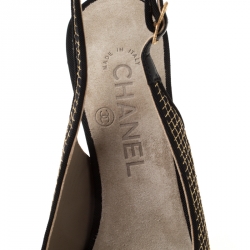 Chanel Metallic Gold/Black Satin Camellia Detail Embellsihed Heel Slingback Sandals Size 37
