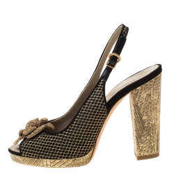 Chanel Metallic Gold/Black Satin Camellia Detail Embellsihed Heel Slingback Sandals Size 37