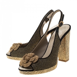 Chanel Metallic Gold/Black Satin Camellia Detail Embellsihed Heel Slingback Sandals Size 37