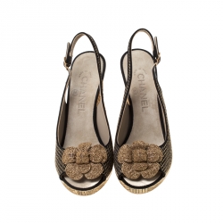 Chanel Metallic Gold/Black Satin Camellia Detail Embellsihed Heel Slingback Sandals Size 37