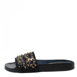 Pre Owned صندل سلايد شانيل قماش أزرق بسلسلة مزينة مارين سليب أون مقاس 40