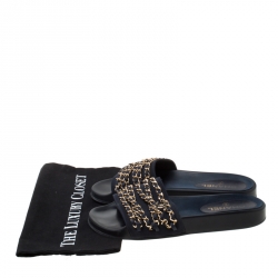 Pre Owned صندل سلايد شانيل قماش أزرق بسلسلة مزينة مارين سليب أون مقاس 40