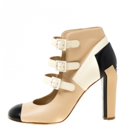 Pre Owned Chanel Tricolor Leather Strappy Ankle Boots Size 38.5