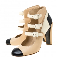 Pre Owned Chanel Tricolor Leather Strappy Ankle Boots Size 38.5