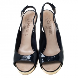 Chanel Black Patent Leather Slingback Platform Sandals Size 38.5
